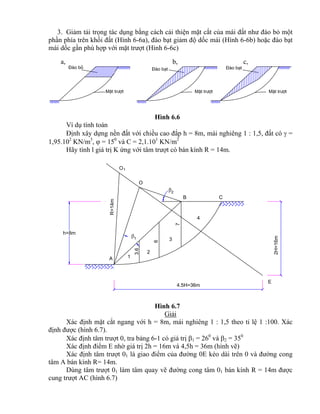 §µo bá
MÆt tr−ît MÆt tr−ît
§µo b¹t §µo b¹t
MÆt tr−ît
2

1

h=8m
A
B
E
C
O
O
1
R=14m
1
2
3
4
3.6
6
7
4.5H=36m
2H=16m
3. Giảm tải trọng tác dụng bằng cách cải thiện mặt cắt của mái đất như đào bỏ một
phần phía trên khối đất (Hình 6-6a), đào bạt giảm độ dốc mái (Hình 6-6b) hoặc đào bạt
mái dốc gần phù hợp với mặt trượt (Hình 6-6c)
a, b, c,
Hình 6.6
Ví dụ tính toán
Định xây dựng nền đất với chiều cao đắp h = 8m, mái nghiêng 1 : 1,5, đất có  =
1,95.102
KN/m3
,  = 150
và C = 2,1.101
KN/m2
Hãy tính l giá trị K ứng với tâm trượt có bán kính R = 14m.
Hình 6.7
Giải
Xác định mặt cắt ngang với h = 8m, mái nghiêng 1 : 1,5 theo tỉ lệ 1 :100. Xác
định được (hình 6.7).
Xác định tâm trượt 0, tra bảng 6-1 có giá trị 1 = 260
và 2 = 350
Xác định điểm E nhờ giá trị 2h = 16m và 4,5h = 36m (hình vẽ)
Xác định tâm trượt 01 là giao điểm của đường 0E kéo dài trên 0 và đường cong
tâm A bán kính R= 14m.
Dùng tâm trượt 01 làm tâm quay vẽ đường cong tâm 01 bán kính R = 14m được
cung trượt AC (hình 6.7)
 