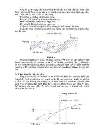 MÆt n−íc lÆng
§¸y sãng
§Ønh sãng
ChiÒu dµi b−íc sãng
ChiÒu cao sãng
ThÒm tÝch tô
ThÒm ven bê
H−íng thuû triÒu xuèng
H−íng thuû triÒu lªn
Kho¶ng n−íc triÒu lªn xuèng
Sóng do gió tác dụng vào mặt nước tự do làm cho các chất điểm của nước chấn
động và truyền đí. Sóng có các yếu tố cơ bản là ngọn sóng, lưng sóng, đỉnh sóng, đáy
sóng, chiều cao của sóng, chiều dài bước sóng.
Ngọn sóng là bộ phận bên trên mặt nước.
Lưng sóng là phần sóng bên dưới mặt nước lặng
Đỉnh sóng là điểm cao nhất của ngọn sóng
Đáy sóng là điểm thấp nhất của ngọn sóng
Chiều cao sóng là khoảng cách thẳng đứng giữa đỉnh sóng và đáy sóng.
Chiều dài bước sóng là khoảng cách nằm ngang giữa hai đỉnh sóng hoặc hai đáy
sóng kề nhau.
Hình 8.3
Quan sát thực tế người ta thấy khi tốc độ gió nhỏ: 0.8-1 m/s thì trên mặt nước bắt
đầu có hiện tượng lăn tăn gợn nhỏ, khi tốc độ gió lớn hơn, nước bị ép đẩy về phía trước
lên mặt dốc hai bên của sóng không giống nhau. Khgi gió mạnh làm cho phần bên trên
của sóng bị đổ gập xuống hình thành bọt sóng trắng có chứa không khí gọi là: sóng bạc
đầu.
8.4.3. Tác dụng địa chất của sóng
Sóng tác dụng đối với bờ biển và bờ hồ làm cho hình thái và thành phần của
chúng biến đổi. Một mặt sóng xô vào phá bờ đất đá, mặt khác sóng vận chuyển và tích
tụ đất đá vỡ vụn, hai mặt này thống nhất với nhau trong quá trình hình thành bờ biển
hay bờ hồ, tuy chúng tiến hành đồng thời song song nhưng không cân bằng. Vì vậy,
dưới tác dụng của saóng phần trên nước và dưới nước của mặt cắt ở bờ sẽ sinh ra biến
đổi hoặc tái tạo (hình 8.4)
 