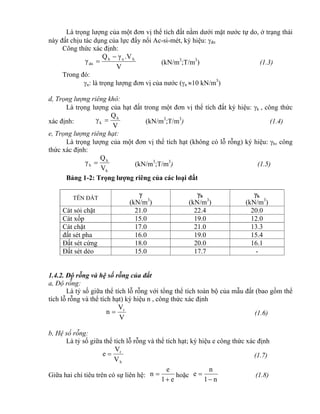 Là trọng lượng của một đơn vị thể tích đất nằm dưới mặt nước tự do, ở trạng thái
này đất chịu tác dụng của lực đẩy nổi Ac-si-mét, ký hiệu: đn
Công thức xác định:
V
.VγQ
γ hnh
dn

 (kN/m3
;T/m3
) (1.3)
Trong đó:
n: là trọng lượng đơn vị của nước (n 10 kN/m3
)
d, Trọng lượng riêng khô:
Là trọng lượng của hạt đất trong một đơn vị thể tích đất ký hiệu: k , công thức
xác định:
V
Q
γ h
k  (kN/m3
;T/m3
) (1.4)
e, Trọng lượng riêng hạt:
Là trọng lượng của một đơn vị thể tích hạt (không có lỗ rỗng) ký hiệu: h, công
thức xác định:
h
h
h
V
Q
γ  (kN/m3
;T/m3
) (1.5)
Bảng 1-2: Trọng lượng riêng của các loại đất
TÊN ĐẤT

(kN/m3
)
h
(kN/m3
)
k
(kN/m3
)
Cát sỏi chặt 21.0 22.4 20.0
Cát xốp 15.0 19.0 12.0
Cát chặt 17.0 21.0 13.3
đất sét pha 16.0 19.0 15.4
Đất sét cứng 18.0 20.0 16.1
Đất sét dẻo 15.0 17.7 -
1.4.2. Độ rỗng và hệ số rỗng của đất
a, Độ rỗng:
Là tỷ số giữa thể tích lỗ rỗng với tổng thể tích toàn bộ của mẫu đất (bao gồm thể
tích lỗ rỗng và thể tích hạt) ký hiệu n , công thức xác định
V
V
n r
 (1.6)
b, Hệ số rỗng:
Là tỷ số giữa thể tích lỗ rỗng và thể tích hạt; ký hiệu e công thức xác định
h
r
V
V
e  (1.7)
Giữa hai chỉ tiêu trên có sự liên hệ:
e1
e
n

 hoặc
n1
n
e

 (1.8)
 