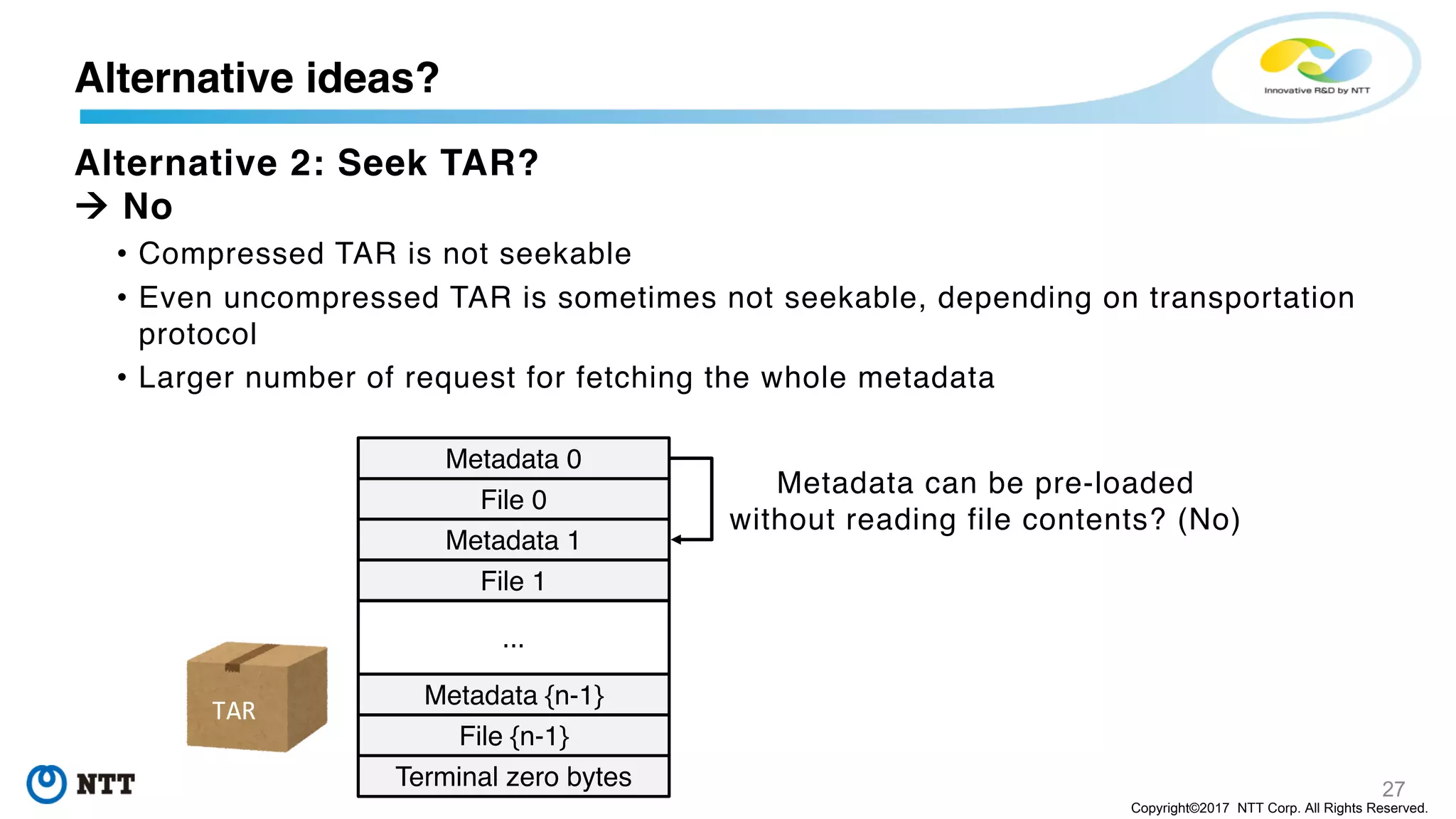 27
Copyright©2017 NTT Corp. All Rights Reserved.
Alternative 2: Seek TAR?
à No
• Compressed TAR is not seekable
• Even uncompressed TAR is sometimes not seekable, depending on transportation
protocol
• Larger number of request for fetching the whole metadata
Alternative ideas?
Metadata 0
File 0
Metadata 1
File 1
Metadata {n-1}
File {n-1}
Terminal zero bytes
...
Metadata can be pre-loaded
without reading file contents? (No)
TAR
 
