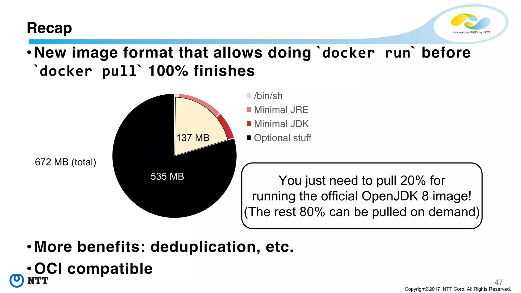 47
Copyright©2017 NTT Corp. All Rights Reserved.
• New image format that allows doing `docker run` before
`docker pull` 100% finishes
• More benefits: deduplication, etc.
• OCI compatible
/bin/sh
Minimal JRE
Minimal JDK
Optional stuff
You just need to pull 20% for
running the official OpenJDK 8 image!
(The rest 80% can be pulled on demand)
672 MB (total)
137 MB
535 MB
Recap
 