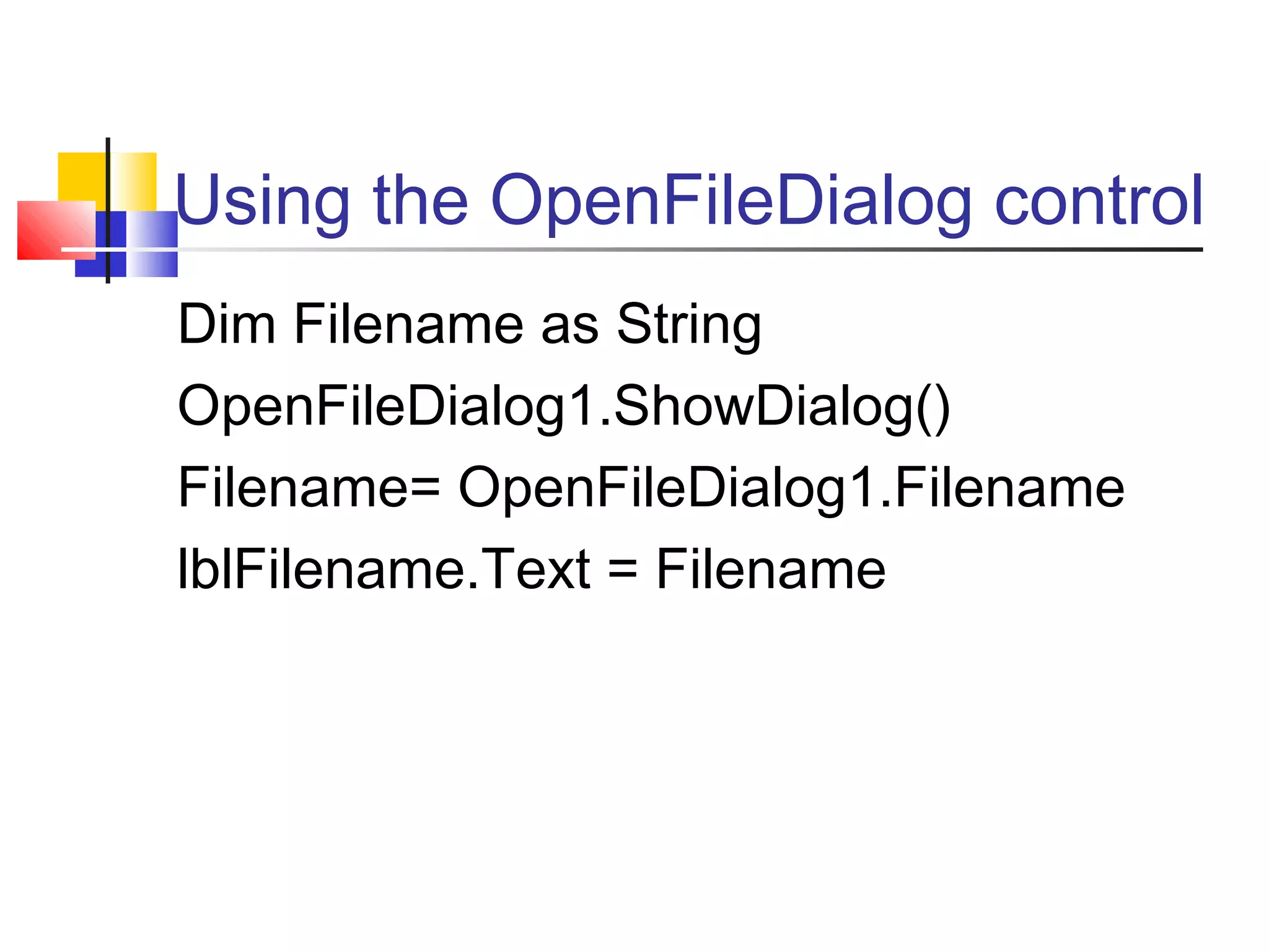 Using the OpenFileDialog control
Dim Filename as String
OpenFileDialog1.ShowDialog()
Filename= OpenFileDialog1.Filename
lblFilename.Text = Filename
 