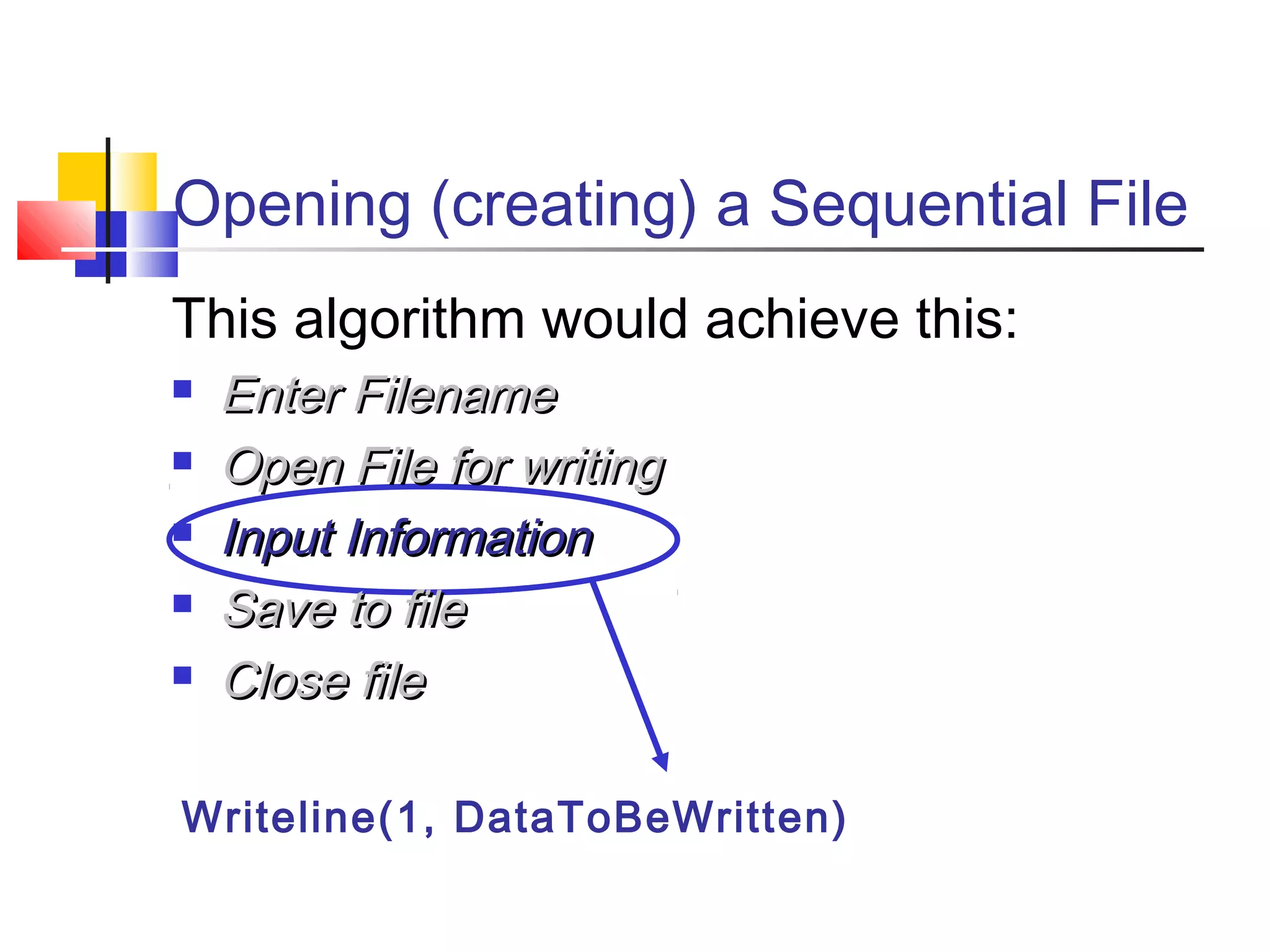 Writeline(1, DataToBeWritten)
Opening (creating) a Sequential File
This algorithm would achieve this:
 Enter FilenameEnter Filename
 Open File for writingOpen File for writing
 Input InformationInput Information
 Save to fileSave to file
 Close fileClose file
 