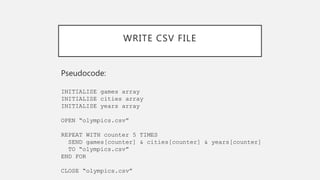 WRITE CSV FILE
Pseudocode:
INITIALISE games array
INITIALISE cities array
INITIALISE years array
OPEN “olympics.csv”
REPEAT WITH counter 5 TIMES
SEND games[counter] & cities[counter] & years[counter]
TO “olympics.csv”
END FOR
CLOSE “olympics.csv”
 