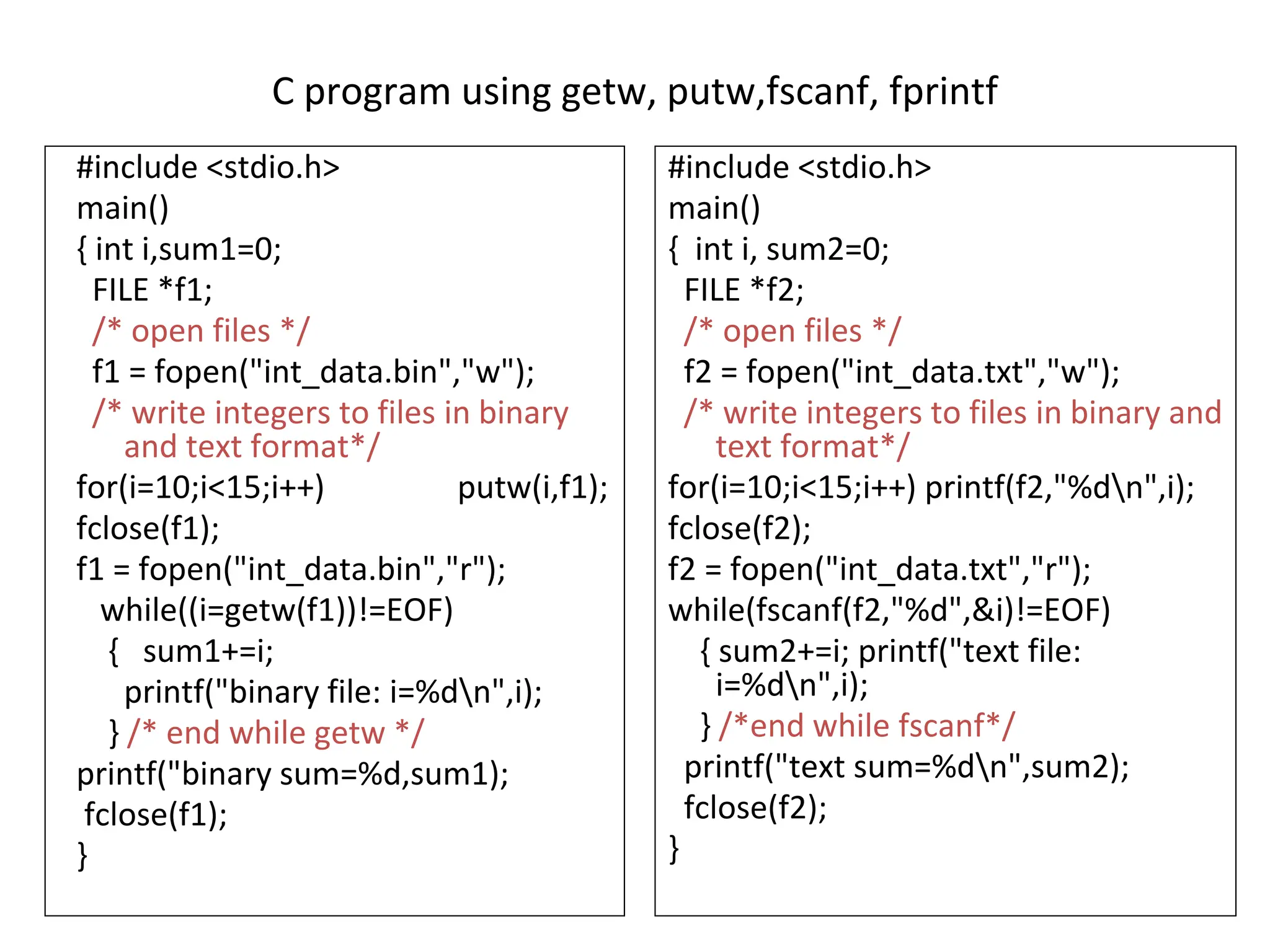 C program using getw, putw,fscanf, fprintf #include <stdio.h> main() { int i,sum1=0; FILE *f1; /* open files */ f1 = fopen("int_data.bin","w"); /* write integers to files in binary and text format*/ for(i=10;i<15;i++) putw(i,f1); fclose(f1); f1 = fopen("int_data.bin","r"); while((i=getw(f1))!=EOF) { sum1+=i; printf("binary file: i=%dn",i); } /* end while getw */ printf("binary sum=%d,sum1); fclose(f1); } #include <stdio.h> main() { int i, sum2=0; FILE *f2; /* open files */ f2 = fopen("int_data.txt","w"); /* write integers to files in binary and text format*/ for(i=10;i<15;i++) printf(f2,"%dn",i); fclose(f2); f2 = fopen("int_data.txt","r"); while(fscanf(f2,"%d",&i)!=EOF) { sum2+=i; printf("text file: i=%dn",i); } /*end while fscanf*/ printf("text sum=%dn",sum2); fclose(f2); } 