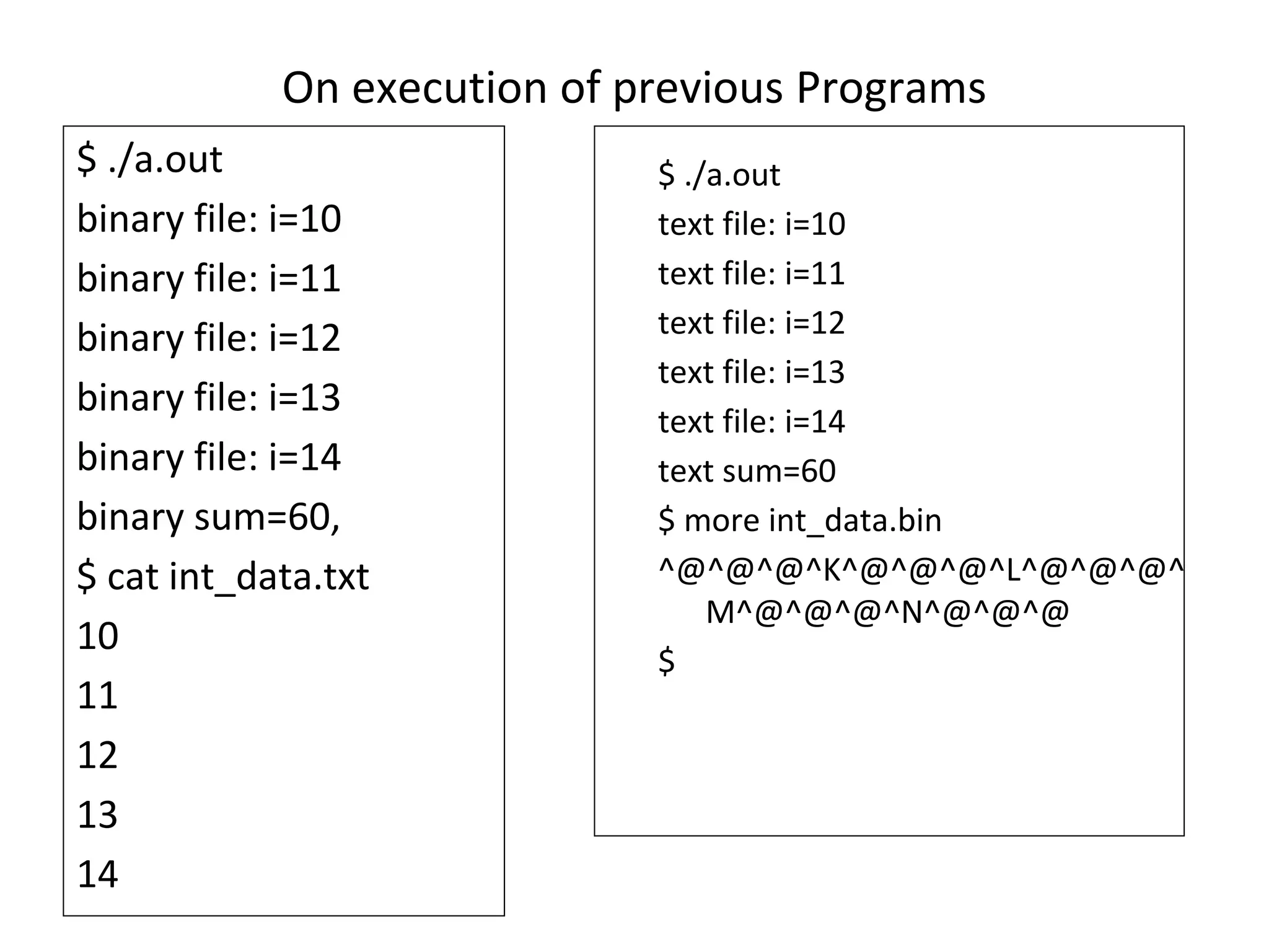 On execution of previous Programs $ ./a.out binary file: i=10 binary file: i=11 binary file: i=12 binary file: i=13 binary file: i=14 binary sum=60, $ cat int_data.txt 10 11 12 13 14 $ ./a.out text file: i=10 text file: i=11 text file: i=12 text file: i=13 text file: i=14 text sum=60 $ more int_data.bin ^@^@^@^K^@^@^@^L^@^@^@^ M^@^@^@^N^@^@^@ $ 