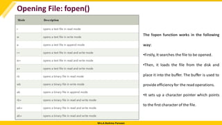 Mrs.A.Reshma Parveen
Opening File: fopen()
The fopen function works in the following
way:
•Firstly, It searches the file to be opened.
•Then, it loads the file from the disk and
place it into the buffer. The buffer is used to
provide efficiency for the read operations.
•It sets up a character pointer which points
to the first character of the file.
 