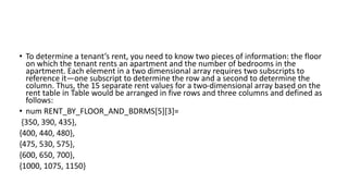 • To determine a tenant’s rent, you need to know two pieces of information: the floor
on which the tenant rents an apartment and the number of bedrooms in the
apartment. Each element in a two dimensional array requires two subscripts to
reference it—one subscript to determine the row and a second to determine the
column. Thus, the 15 separate rent values for a two-dimensional array based on the
rent table in Table would be arranged in five rows and three columns and defined as
follows:
• num RENT_BY_FLOOR_AND_BDRMS[5][3]=
{350, 390, 435},
{400, 440, 480},
{475, 530, 575},
{600, 650, 700},
{1000, 1075, 1150}
 