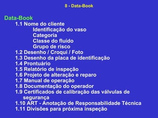 Data-Book
1.1 Nome do cliente
Identificação do vaso
Categoria
Classe do fluído
Grupo de risco
1.2 Desenho / Croqui / Foto
1.3 Desenho da placa de identificação
1.4 Prontuário
1.5 Relatório de inspeção
1.6 Projeto de alteração e reparo
1.7 Manual de operação
1.8 Documentação do operador
1.9 Certificados de calibração das válvulas de
segurança
1.10 ART - Anotação de Responsabilidade Técnica
1.11 Divisões para próxima inspeção
8 - Data-Book
 