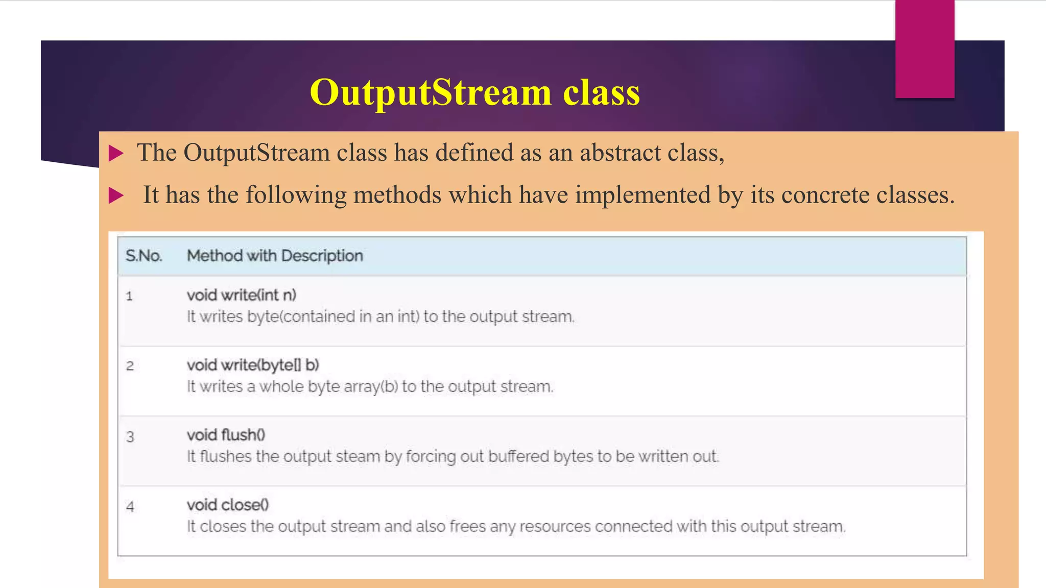 OutputStream class
 The OutputStream class has defined as an abstract class,
 It has the following methods which have implemented by its concrete classes.
 