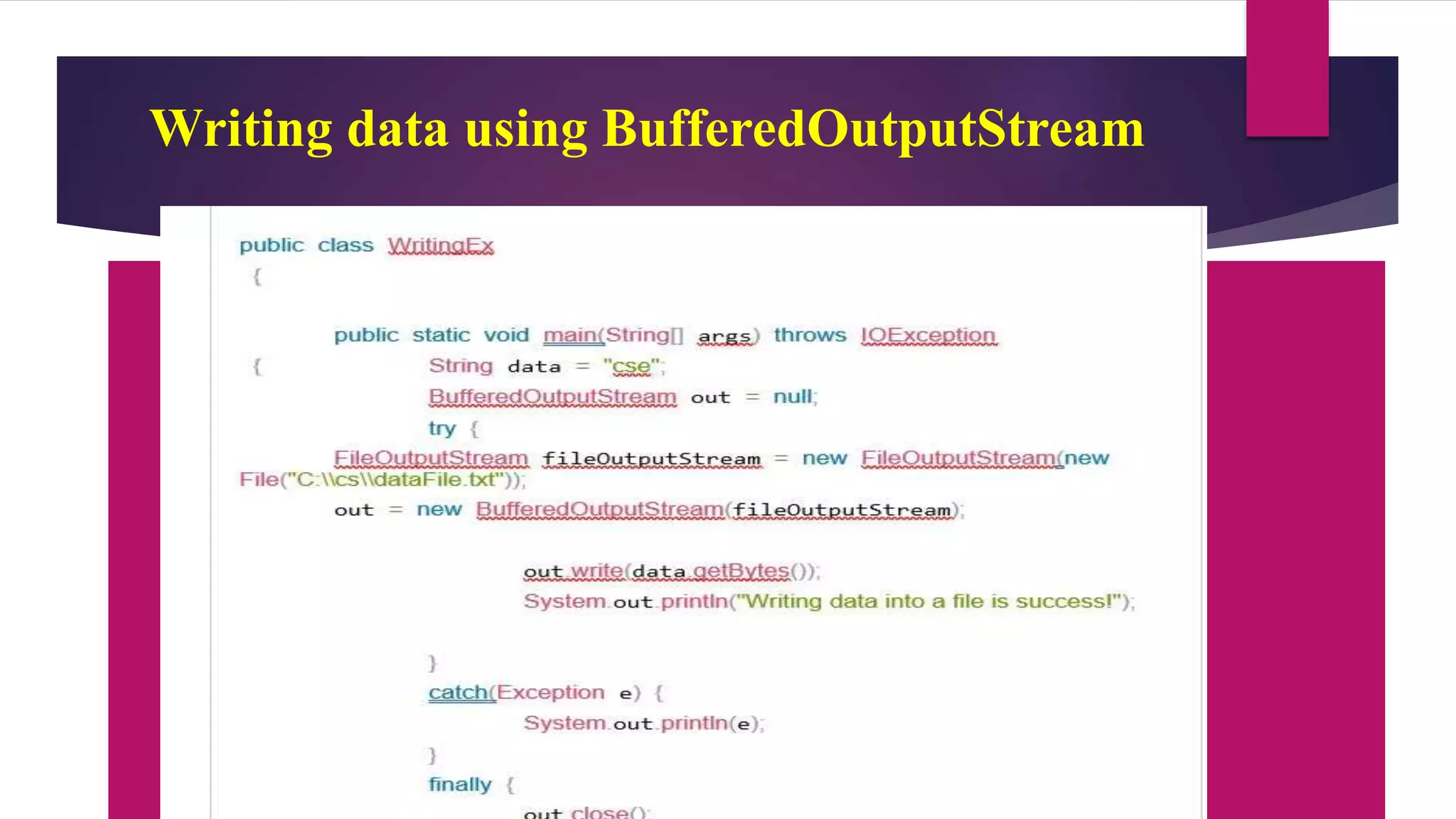 Writing data using BufferedOutputStream
 
