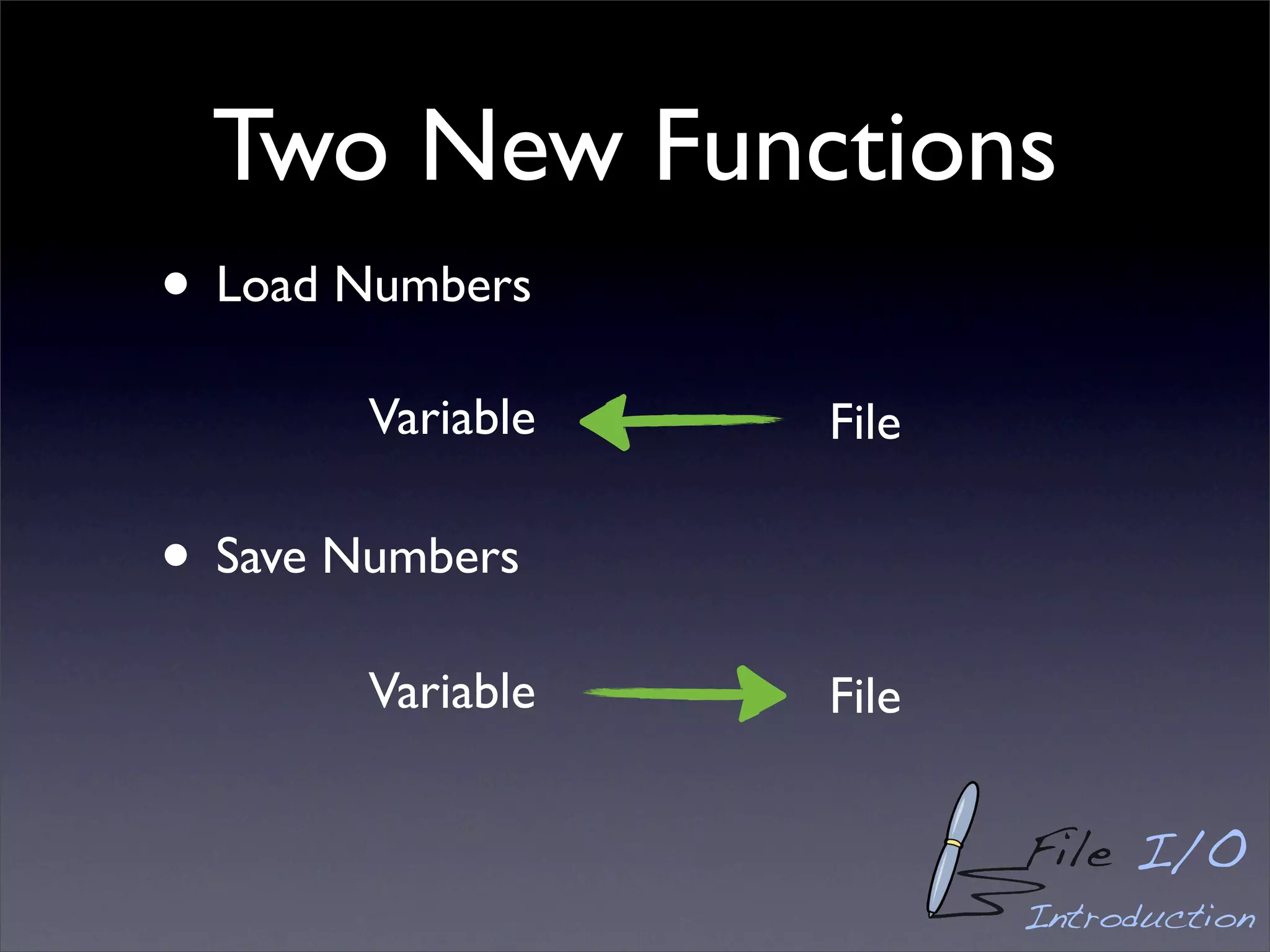 Two New Functions
• Load Numbers
        Variable   File

• Save Numbers
        Variable   File

                          File I/O
                          Introduction
 