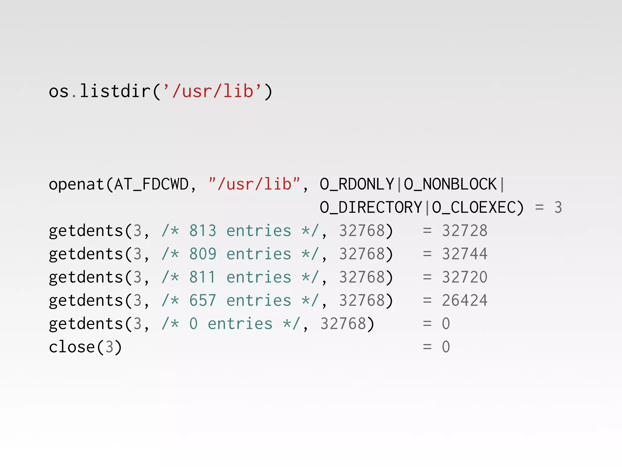 os.listdir(’/usr/lib’)

openat(AT_FDCWD, "/usr/lib", O_RDONLY|O_NONBLOCK|
O_DIRECTORY|O_CLOEXEC) = 3
getdents(3, /* 813 entries */, 32768)
= 32728
getdents(3, /* 809 entries */, 32768)
= 32744
getdents(3, /* 811 entries */, 32768)
= 32720
getdents(3, /* 657 entries */, 32768)
= 26424
getdents(3, /* 0 entries */, 32768)
= 0
close(3)
= 0

 