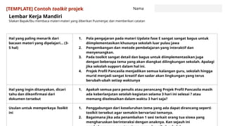 Lembar Kerja Mandiri
Silakan Bapak/Ibu membaca materi-materi yang diberikan Pusmenjar, dan memberikan catatan
Hal yang paling menarik dari
bacaan materi yang dipelajari… (3-
5 hal)
1. Pola pengajaran pada materi Update fase E sangat sangat bagus untuk
diimplementasikan khusunya sekolah luar pulau jawa
2. Pengembangan dan metode pembelajaran yang interaktif dan
menyenangkan.
3. Pada toolkit sangat detail dan bagus untuk diimplementasikan juga
dengan beberapa tema yang akan diangkat dilingkungan sekolah. Apalagi
jika sekolah support dalam hal ini.
4. Projek Profil Pancasila menjadikan semua kalangan guru, sekolah hingga
murid menjadi sangat kreatif dan sadar akan lingkungan yang terus
berubah-ubah setiap waktunya
Hal yang ingin ditanyakan, dicari
tahu dan dikonfirmasi dari
dokumen tersebut
1. Apakah semua para penulis atau perancang Projek Profil Pancasila masih
ada keberlanjutan setelah kegiatan selama 3 hari ini selesai ? atau
memang diselesaikan dalam waktu 3 hari saja?
Usulan untuk memperkaya Toolkit
ini
1. Penggabungan dari keseluruhan tema yang ada dapat dirancang seperti
toolkit tersebut agar semakin bervariasi temanya.
2. Bagaimana jika ada penambahan 1 sesi terkait orang tua siswa yang
mengharuskan berinteraksi dengan anaknya. Kan sejauh ini
Nama
[TEMPLATE] Contoh toolkit projek
 