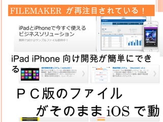 FILEMAKER が再注目されている！
iPad iPhone 向け開発が簡単にでき
る
ＰＣ版のファイル
がそのまま iOS で動
 