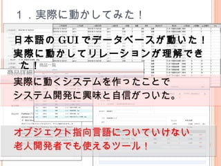 １．実際に動かしてみた！
日本語の GUI でデータべースが動いた！
実際に動かしてリレーションが理解でき
た！
日本語の GUI でデータべースが動いた！
実際に動かしてリレーションが理解でき
た！
実際に動くシステムを作ったことで
システム開発に興味と自信がついた。
実際に動くシステムを作ったことで
システム開発に興味と自信がついた。
オブジェクト指向言語についていけない
老人開発者でも使えるツール！
オブジェクト指向言語についていけない
老人開発者でも使えるツール！
 