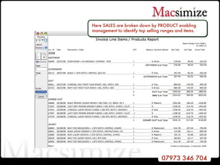 Here SALES are broken down by PRODUCT enabling management to identify top selling ranges and items. 
