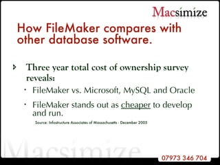 How FileMaker compares with other database software. Three year total cost of ownership survey  reveals:  FileMaker vs. Microsoft, MySQL and Oracle  FileMaker stands out as  cheaper  to develop and run.   Source: Infostructure Associates of Massachusetts - December 2005 
