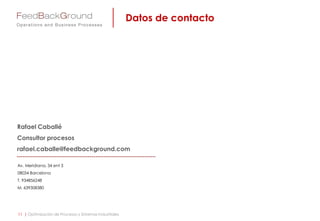 Av. Meridiana, 34 ent 3
08034 Barcelona
T. 934856248
M. 639308380
Rafael Caballé
Consultor procesos
rafael.caballe@feedbackground.com
Datos de contacto
11 | Optimización de Procesos y Sistemas Industriales
 