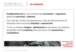 La empresa
 FeedBackGround es una empresa de Consultoría e Ingeniería
global de procesos y sistemas.
 Con más de 12 años de experiencia y más de 250 proyectos en
empresas de los sectores industrial y automoción.
 Y con un enfoque integral, optimizando los procesos y los sistemas
de gestión de las empresas para que sean más productivas y
competitivas.
Ayudamos a las
empresas
industriales a ser
más eficientes
1 | Optimización de Procesos y Sistemas Industriales
 