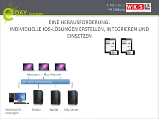 7.#März#2013
                                                                  FH#Salzburg


                  EINE#HERAUSFORDERUNG:
   INDIVIDUELLE#IOSBLÖSUNGEN#ERSTELLEN,#INTEGRIEREN#UND#
                         EINSETZEN




                    Windows- / Mac-Rechner

               LAN / Citrix / Terminal Services




Individuelle             Oracle             MySQL   SQL Server
Lösungen
 