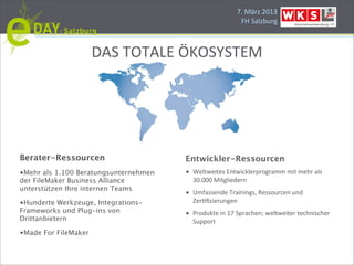 7.#März#2013
                                                         FH#Salzburg



                      DAS#TOTALE#ÖKOSYSTEM




Berater-Ressourcen                     Entwickler-Ressourcen
•Mehr als 1.100 Beratungsunternehmen   • Weltweites#Entwicklerprogramm#mit#mehr#als#
der FileMaker Business Alliance          30.000#Mitgliedern
unterstützen Ihre internen Teams
                                       • Umfassende#Trainings,#Ressourcen#und#
•Hunderte Werkzeuge, Integrations-       Zer[ﬁzierungen
Frameworks und Plug-ins von            • Produkte#in#17#Sprachen;#weltweiter#technischer#
Drittanbietern                           Support
•Made For FileMaker
 
