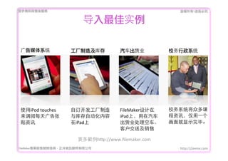 ṩǰۺ                                                 ??Iؾ


                            ʵ

ýϵͳ                켰            ҵ          Уϵͳ




ʹiPod	
 ?touches     Զ           FileMaker   Уϵͳڶ
ÿ              Զ           iPadϣ     Ѷ?һ
Ѷ                   iPad             ҵճ       ʾϡ
                                         ͻͼ

                          ๠h`p://www.?lemaker.com
FileMakerIN_l	 -	 YӍ޹˾                          http://j2eemx.com
 