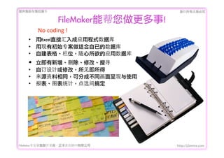 ṩǰۺ                                 Ȩеؾ


                     FileMakerܰ!
        No	
 ?coding	
 ?!	
 ?
    ?   ExcelֱӻӦóʽݿ
    ?   гʼרʺѵݿ
    ?   ԽλӦݿ
    ?
    ?   ɾ޸ġѰ
    ?   Զƻ޸ģ
    ?   Դͬɷֳɲͬʹ
    ?   ͼͳƣѡ㶨




FileMakerרҵ߿	 -	 Ѷ޹˾         http://j2eemx.com
 
