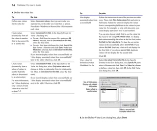 7-4    FileMaker Pro User’s Guide


4. Define the value list:                                                                  To                           Do this
To                         Do this                                                         Also display           Follow the instructions in one of the previous two table
                                                                                           associated values from rows. Then, click Also display values from and select a
Define static values       Select Use custom values, then type each value on a
                                                                                           a second field         field name. Select this option to display the values
for the value list         separate line, in the order you want them to appear.
                                                                                                                  from a corresponding field next to the values in your
                           Press Enter (Windows) or Return (Mac OS) to separate
                                                                                                                  value list. For example, to help with data entry, you
                           each value.
                                                                                                                  could display part names next to part numbers.
Create values             Select Use values from field. In the Specify Fields for
                                                                                                                        You can also choose which field to sort the value list
dynamically from all Value List dialog box:
                                                                                                                        by if you’re not using Only related values. To display
the values in another     1	 To use a field from the current file, make sure All                                        both values sorted by the values in the first field, select
field in the current file    values is selected, then in Use values from this field,
                             select the field name.                                                                     first field for Sort value list by. To base the sort on the
or in another file
                          1	 To use a field from a different file, click Specify File,                                  values in the second field, select second field. If you
                             then choose a filename and click Open. Make sure                                           choose first field, duplicate values will not display for
                             All values is selected, then in Use values from this field,                                the first field; if you choose second field, duplicate
                             select the field name.                                                                     values will not display for the second field.
                          If you want to display values from a second field, see
                                                                                                                        Click OK.
                          “Also display associated values from a second field,”
                          later in this table. Otherwise, click OK.                        Use a value list             Select Use values from another file. In the Specify
                                                                                           defined in another           External Value List dialog box, click Specify File, then
Create values              Select Use values from field. In the Specify Field for 

                                                                                           FileMaker Pro file           select a filename and click Open. For Value List, choose
dynamically from a         Value list dialog box, select Only related values and 

                                                                                                                        or define a value list, then click OK. In the Edit Value
subset of values in        choose or define a relationship from the relationship 

                                                                                                                        List dialog box, click OK.
another field (the         list. Then, in Use values from this field, select the field 

subset is determined       name.

by a relationship)        If you want to display values from a second field, see 

For more information, “Also display associated values from a second field,” 

                                                                                                 Use all field values
see “About displaying next in this table. Otherwise, click OK.

                                                                                                Display only related
only a subset of field 
                                                                                 field values
values in a value list” 
                                                                           Select a field to
on page 7-5.
                                                                                         use its values




                                                                                                                                                    Select a second field
                                                                                                                                                    to display values from


                                                                                           5. In the Define Value Lists dialog box, click Done.
 