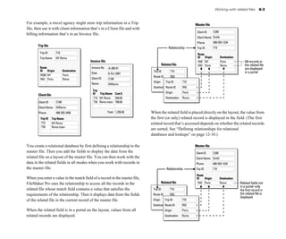 Working with related files         8-3


For example, a travel agency might store trip information in a Trip                                              Master file
file, then use it with client information that’s in a Client file and with
                                                                                                                  Client ID      C200
billing information that’s in an Invoice file.
                                                                                                                  Client Name Smith
                                                                                                                  Phone          408-555-1234
       Trip file
                                                                                             Relationship         Trip ID        T10
        Trip ID         T10                                                                                       Route
        Trip Name       NY-Roma                                                                                   ID Origin             Destination
                                             Invoice file                                                          R20 NY               Paris            All records in
                                                                                        Related file               R42 Paris            Roma             the related file
        Route                                Invoice No     A-200-61                                                                                     are displayed
        ID Origin              Destination                                    Trip ID          T10                                                       in a portal
                                             Date           6-Oct-2001
         R200 NY               Paris                                          Route ID         R20
         R42 Paris             Roma          Client ID      C100
                                                                              Origin       Trip ID       T10
                                             Name           Williams
                                                                                        Route ID
                                                                              Destination                R42
                                              Trip
                                              ID Trip Name Cost $                          Origin        Paris
       Client file
                                               T10 NY-Roma 550.00                          Destination   Roma
       Client ID        C100                   T20 Roma-Istan 700.00
       Client Name      Williams
       Phone            408-555-3456                        Total 1,250.00   When the related field is placed directly on the layout, the value from 

         Trip ID     Trip Name                                               the first (or only) related record is displayed in the field. (The first 

          T10        NY-Roma                                                 related record that’s accessed depends on whether the related records 

          T20        Roma-Istan
                                                                             are sorted. See “Defining relationships for relational 

                                                                             databases and lookups” on page 12-10.)


You create a relational database by first defining a relationship in the                                         Master file
master file. Then you add the fields to display the data from the                                                Client ID       C200
related file on a layout of the master file. You can then work with the                                          Client Name Smith
data in the related fields in all modes when you work with records in                                            Phone           408-555-1234
the master file.                                                                            Relationship         Trip ID         T10

                                                                                                                  Route
When you enter a value in the match field of a record in the master file,                                         ID    Origin          Destination
FileMaker Pro uses the relationship to access all the records in the                   Related file                R42 Paris            Roma          Related fields not
                                                                                                                                                      in a portal–only
related file whose match field contains a value that satisfies the            Trip ID         T10                                                     the first record in
requirements of the relationship. Then it displays data from the fields       Route ID        R20                                                     the related file is
                                                                                                                                                      displayed
of the related file in the current record of the master file.                 Origin      Trip ID        T10
                                                                                        Route ID
                                                                              Destination                R42
When the related field is in a portal on the layout, values from all                      Origin         Paris
related records are displayed.                                                            Destination    Roma
 