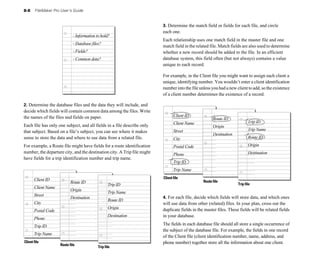 8-8     FileMaker Pro User’s Guide


                                                                          3. Determine the match field or fields for each file, and circle
                                                                          each one.
                             - Information to hold?
                                                                          Each relationship uses one match field in the master file and one
                             - Database files?
                                                                          match field in the related file. Match fields are also used to determine
                             - Fields?                                    whether a new record should be added to the file. In an efficient
                             - Common data?                               database system, this field often (but not always) contains a value
                                                                          unique to each record.

                                                                          For example, in the Client file you might want to assign each client a
                                                                          unique, identifying number. You wouldn’t enter a client identification
                                                                          number into the file unless you had a new client to add, so the existence
                                                                          of a client number determines the existence of a record.

2. Determine the database files and the data they will include, and
decide which fields will contain common data among the files. Write
the names of the files and fields on paper.                                      Client ID
                                                                                                       Route ID
                                                                                 Client Name                                Trip ID
Each file has only one subject, and all fields in a file describe only                                 Origin
that subject. Based on a file’s subject, you can see where it makes              Street                                     Trip Name
                                                                                                       Destination
sense to store the data and where to use data from a related file.               City                                       Route ID
For example, a Route file might have fields for a route identification           Postal Code                                Origin
number, the departure city, and the destination city. A Trip file might          Phone                                      Destination
have fields for a trip identification number and trip name.
                                                                                 Trip ID
                                                                                 Trip Name

       Client ID                                                          Client file
                            Route ID                                                             Route file
                                                   Trip ID                                                           Trip file
       Client Name
                            Origin
                                                   Trip Name
       Street
                            Destination                                   4. For each file, decide which fields will store data, and which ones
                                                   Route ID
       City                                                               will use data from other (related) files. In your plan, cross out the
                                                   Origin                 duplicate fields in the master files. These fields will be related fields
       Postal Code
                                                   Destination            in your database.
       Phone
       Trip ID                                                            The fields in each database file should all store a single occurrence of
                                                                          the subject of the database file. For example, the fields in one record
       Trip Name
                                                                          of the Client file (client identification number, name, address, and
Client file                                                               phone number) together store all the information about one client.
                     Route file
                                            Trip file
 