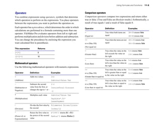 Using formulas and functions          11-3



Operators                                                                    Comparison operators
You combine expressions using operators, symbols that determine              Comparison operators compare two expressions and return either
which operation to perform on the expressions. You place operators           true or false. (True and False are Boolean results.) Arithmetically, a
between the expressions you want to perform the operation on.                result of true equals 1 and a result of false equals 0.
Each operator has a precedence, which determines the order in which          Operator                     Definition                    Examples
calculations are performed in a formula containing more than one
                                                                             =                            True when both items are      38=39 returns false
operator. FileMaker Pro evaluates operators from left to right and
                                                                             (Equal to)                   equal                         38=38 returns true
performs multiplication and division before addition and subtraction.
You can change the precedence by enclosing the expression you                <>                           True when the items are not 38<>39 returns true
want calculated first in parentheses.                                        or ≠ (Mac OS)                equal                       38<>38 returns false
                                                                             (Not equal to)
This expression               Returns
                                                                             >                            True when the value on the 5>6 returns false
2+3*2                         8
                                                                             (Greater than)	              left exceeds the value on  19>1 returns true
(2+3)*2                       10                                                                          the right

                                                                             <                            True when the value on the 5<6 returns true
Mathematical operators                                                       (Less than)                  left is less than the value on 19<1 returns false
                                                                                                          the right
Use the following mathematical operators with numeric expressions.
                                                                             >=                           True when the value on the 5>=6 returns false
Operator            Definition                  Examples                     or ≥ (Mac OS)                left is greater than or equal 5>=5 returns true
                                                                                                          to the value on the right
+                   Adds two values             2+2                          (Greater than or equal to)
(Addition)                                      Subtotal+Sales Tax           <=                           True when the value on the 5<=6 returns true
–                   Subtracts the second       2–2                           or ≤ (Mac OS)                left is less than or equal to 19<=18 returns false
                    value from the first, or                                                              the value on the right
(Subtraction or                                InvoiceTotal–Discount         (Less than or equal to)
Negation)           changes the sign to + or –
                                               –2


*                   Multiplies each value       Subtotal*Sales Tax
(Multiplication)	                               DaysLate*.01*
                                                LeasePayment

/                   Divides the first value by Kilometers Driven/Liters
(Division)          the second                 Inches/12

^                   Raises the first value to   A^2+B^2 returns (A2 + B2)
(Power of, or       the power of the second     Radius^3 returns (Radius3)
Exponentiation)     value
 