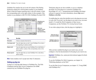 A-4     FileMaker Pro User’s Guide


FileMaker Pro matches the text in the left column of the Dialing                     Third-party plug-ins are also available, or you or a database
Preferences dialog box with the phone number in your database.                       developer can write plug-ins to customize FileMaker Pro.
When it finds the longest matching entry in the left column, it dials                Knowledge of C or C++ programming and FileMaker Developer
the corresponding entry in the right column. In this example, if the                 software is required. For more information, choose Help menu >
number in your database is 408 555-3930, FileMaker Pro dials 3930.                   FileMaker on the Web.

                                                                                     To enable plug-ins, select the checkbox next to the plug-ins you want
                                                                                     to work with. If you don’t see the plug-in you want to use, you must
                                                                  Set preferences
                                                                  for different      install it. To install the Web Companion or Data Access
                                                                  locations          Companions, see the FileMaker Pro Getting Started Guide.

    This is the                                                                      To see what a plug-in does, click the plug-in to highlight it.
 longest entry                                                    With most
 that matches                                                     modems, include
  the example                                                     a comma for a
phone number                                                      two-second delay

                                                                                        Select the plug-in
                                                                                       you want to enable

For                Do this
                                                                                      Highlight a plug-in to
At location        Choose a location from the list.                                  see a description of it
If text begins with	 Type the digits that you don’t want FileMaker Pro to dial at
                     the beginning of a phone number.

Replace with	      Type the digits that you want FileMaker Pro to dial before a
                   phone number, in place of the corresponding values in the
                   left column.                                                      After you have enabled the plug-in you want to use, you can
                                                                                     configure it. See the documentation for the plug-in you want to use.
Always append	     Type the digits that you want FileMaker Pro to dial after a
                   phone number.
                                                                                     Important FileMaker, Inc. cannot provide technical support for third-
                                                                                     party plug-ins.
Note Some modems won’t accept more than 32 characters.
                                                                                     To use the FileMaker Pro Web Companion, see chapter 14,
Setting up plug-ins                                                                  “Publishing databases on the Web.”
A plug-in is a file that adds features to FileMaker Pro. The Web
                                                                                     To use the Data Access Companions, see chapter 15, “Using ODBC
Companion and the Data Access Companions (for ODBC
                                                                                     with FileMaker Pro.”
connectivity) are FileMaker Pro plug-ins.
 
