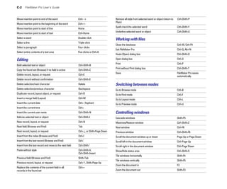 C-2     FileMaker Pro User’s Guide



Move insertion point to end of the word                  Ctrl+B
                      Remove all style from selected word or object (return to   Ctrl+Shift+P
                                                                                      Plain)
Move insertion point to the beginning of the word        Ctrl+A

                                                                                      Spell check the selected word                              Ctrl+Shift+Y
Move insertion point to start of line                    Home

                                                                                      Underline selected word or object                          Ctrl+Shift+U
Move insertion point to start of text                    Ctrl+Home

Select a word                                            Double-click

                                                                                      Working with ﬁles
Select a line                                            Triple-click

                                                                                      Close the database                                         Ctrl+W, Ctrl+F4
Select a paragraph                                       Four clicks

                                                                                      Exit FileMaker Pro                                         Ctrl+Q, Alt+F4
Select entire contents of a text area                    Five clicks or Ctrl+A

                                                                                      Hosts (Open) dialog box                                    Ctrl+Shift+O

Editing                                                                               Open dialog box                                            Ctrl+O
                                                                                      Print                                                      Ctrl+P
Bold selected text or object                             Ctrl+Shift+B
                                                                                      Print without Print dialog box                             Ctrl+Shift+T
Copy the found set (Browse) if no field is active        Ctrl+Shift+C
                                                                                      Save	                                                      FileMaker Pro saves
Delete record, layout, or request                        Ctrl+E
                                                                                                                                                 automatically
Delete record without confirmation                       Ctrl+Shift+E
Delete selection/next character                          Delete                       Switching between modes
Delete selection/previous character                      Backspace                    Go to Browse mode                                          Ctrl+B
Duplicate record, layout object, or request              Ctrl+D                       Go to Find mode                                            Ctrl+F
Insert a merge field (Layout)                            Ctrl+M                       Go to Layout mode                                          Ctrl+L
Insert the current date                                  Ctrl+- (hyphen)              Go to Preview mode                                         Ctrl+U
Insert the current time                                  Ctrl+;
Insert the current user name                             Ctrl+Shift+N                 Controlling windows
Italicize selected text or object                        Ctrl+Shift+I                 Cascade windows                                            Shift+F5

New record, layout, or request                           Ctrl+N                       Maximize/Restore window                                    Ctrl+Shift+Z

Next field (Browse and Find)                             Tab                          Next window                                                Ctrl+F6

Next record, layout, or request                          Ctrl+D, or Shift+Page Down   Previous window                                            Ctrl+Shift+F6

Insert from the index (Browse and Find)                  Ctrl+I                       Scroll the document window up or down                      Page Up or Page Down

Insert from the last record (Browse and Find)            Ctrl+’                       Scroll left in the document window                         Ctrl+Page Up

Insert from the last record and move to the next field   Ctrl+Shift+’                 Scroll right in the document window                        Ctrl+Page Down

Paste without style	                                     Ctrl+Shift+V,                Show/Hide status area                                      Ctrl+Shift+S

                                                         Ctrl+Shift+Insert
                                                                                      Tile windows horizontally                                  Shift+F4

Previous field (Browse and Find)                         Shift+Tab
                                                                                      Tile windows vertically                                    Shift+F5

Previous record, layout, or request                      Ctrl+C, Shift+Page Up
                                                                                      Zoom the document in                                       F3

Replace the contents of the current field in all         Ctrl+=
records in the found set                                                              Zoom the document out                                      Shift+F3

 
