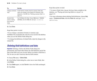 5-12     FileMaker Pro User’s Guide



To                  Do this                                                 Keep these points in mind:

Change a summary In the field list, double-click the summary field, then    • To remove fields from a layout, but leave them available in the
field	           make your changes in the Options for Summary Field         database, see “Placing and removing fields on a layout” on
                 dialog box. Click OK. See “Defining summary fields” on     page 6-15.
                 page 5-6.
                                                                            • For more information about deleting field definitions, choose Help
Reorder field       See FileMaker Pro Help. Choose Help menu > Contents 
   menu > Contents and Index, click the Index tab, and type field
names in dialog     and Index, click the Index tab, and type reordering.
   definitions.
boxes that list 

fields



3. Click Done.

Keep these points in mind:
• If you change a calculation formula or summary type, 

FileMaker Pro recalculates the value for every record in the database 

when you exit the Define Fields dialog box. 

• To change the definitions of related fields, make the changes in the 

related file. 



Deleting field definitions and data
Important Deleting a field in the Define Fields dialog box
permanently and irretrievably deletes the field definition and all the
data in that field in all your records. Before you delete a field from a
file, be sure you don’t need any data the field contains.

1. Choose File menu > Define Fields.
2. In the Define Fields dialog box, select one or more fields, then
click Delete.
3. Click Delete again, or click Cancel to leave the fields unchanged.
4. Click Done.
 
