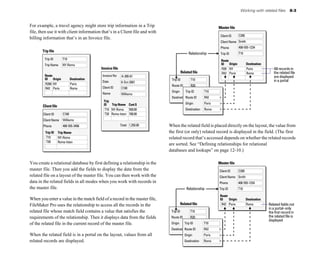 For example, a travel agency might store trip information in a Trip
file, then use it with client information that’s in a Client file and with
billing information that’s in an Invoice file.
Trip file
T10
Trip ID
NY-Roma
Trip Name
Route
ID Origin
R200
Destination
NY Paris
R42 Paris Roma
Invoice file
Client file
A-200-61
Invoice No
6-Oct-2001
Date
C100
Client ID
Trip
ID Trip Name
T10
Cost $
NY-Roma 550.00
T20 Roma-Istan 700.00
Williams
Name
1,250.00
Total
C100
Client ID
Williams
Client Name
408-555-3456
Phone
Trip ID Trip Name
You create a relational database by first defining a relationship in the
master file. Then you add the fields to display the data from the
related file on a layout of the master file. You can then work with the
data in the related fields in all modes when you work with records in
the master file.
When you enter a value in the match field of a record in the master file,
FileMaker Pro uses the relationship to access all the records in the
related file whose match field contains a value that satisfies the
requirements of the relationship. Then it displays data from the fields
of the related file in the current record of the master file.
When the related field is in a portal on the layout, values from all
related records are displayed.
T10 NY-Roma
T20 Roma-Istan
Working with related files 8-3
Master file
C200
Client ID
Smith
Client Name
408-555-1234
Phone
Route
ID Origin
R20
Destination
NY Paris
R42 Paris Roma
T10
Trip ID
T10
Trip ID
R20
Route ID
Origin
Destination
T10
Trip ID
R42
Route ID
Paris
Origin
Roma
Destination
Related file
Relationship
All records in
the related file
are displayed
in a portal
When the related field is placed directly on the layout, the value from
the first (or only) related record is displayed in the field. (The first
related record that’s accessed depends on whether the related records
are sorted. See “Defining relationships for relational
databases and lookups” on page 12-10.)
Master file
Related fields not
in a portal–only
the first record in
the related file is
displayed
C200
Client ID
Smith
Client Name
408-555-1234
Phone
Route
ID Origin
R42
Destination
Paris Roma
T10
Trip ID
T10
Trip ID
R20
Route ID
Origin
Destination
T10
Trip ID
R42
Route ID
Paris
Origin
Roma
Destination
Related file
Relationship
 