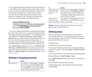 Protecting databases with passwords and groups 9-3
• You can define a blank password that gives all users limited access To Do this
to a file. When the file is opened, anyone can press Enter or Return
to access the file. This option can be used to allow limited access to
the file without needing to know or enter a password. When
accessing a file with a blank password on the Web, the blank
password is automatically used. This means all web users have
access to the privileges assigned to the Blank password.
When a blank password is defined,
users can open the file without
specifying any password.
• You can set a default password that is automatically used when the
file is open. This provides access to anyone who opens the database
file by bypassing the password dialog box. To set a default password,
choose Edit menu > Preferences > Document. Enable Try default
password, then type a password that you already defined. Users will
have the level of access that is attached to that password. To
temporarily bypass the default password and enter a different one,
press Shift (Windows) or Option (Mac OS) while opening the file.
• In the DefinePasswordsdialog box, you can use the Browserecords,
Edit records, and Delete records options to protect certain records
within a file, based on a calculation. For more information, choose
Help menu > ContentsandIndex, click the Index tab, and type record-
level security.
Deleting or changing passwords
To Do this
Delete a password Choose File menu > Access Privileges > Passwords.
Select the password in the Define Passwords dialog
box, then click Delete. In the confirmation dialog
box, click Delete, then click Done. When prompted,
type the master password, then click OK.
Change a password if Choose File menu > Access Privileges > Passwords.
you know the master Select the password in the Define Passwords dialog
password box. Edit the password, revise the privileges, then
click Change. Click Done. When prompted, type the
master password, then click OK.
Change your own Choose File menu > Change Password. Type the old
password if you don’t password. Type the new password, type it again to
know a master password confirm it, then click OK.
Important If you are not the only user of a file, do not modify a
password until you notify other users.
Defining groups
After you define passwords, define groups to restrict access to
specific fields and layouts. For example, if you want end users to
enter and edit data in some (but not all) of the fields, use groups to
specify which fields can be accessed.
To define a group:
1. Open the file using the master password.
• If you haven’t defined passwords, follow the steps in “Defining
passwords” on page 12-1, then click Groups in the Define Passwords
dialog box.
• You must be the only one accessing the file when defining groups.
2. Choose File menu > Access Privileges > Groups.
3. In the Define Groups dialog box, type a name for the group, then
click Create.
4. Click Access to assign privileges to groups.
To add multiple groups, specify additional group names before
clicking Access.
 