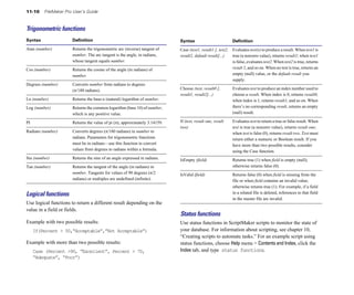 11-10 FileMaker Pro User’s Guide
Trigonometric functions
Syntax Definition
Atan (number) Returns the trigonometric arc (inverse) tangent of
number. The arc tangent is the angle, in radians,
whose tangent equals number.
Cos (number) Returns the cosine of the angle (in radians) of
number.
Degrees (number) Converts number from radians to degrees
(π/180 radians).
Ln (number) Returns the base-e (natural) logarithm of number.
Log (number) Returns the common logarithm (base 10) of number,
which is any positive value.
PI Returns the value of pi (π), approximately 3.14159.
Radians (number) Converts degrees (π/180 radians) in number to
radians. Parameters for trigonometric functions
must be in radians—use this function to convert
values from degrees to radians within a formula.
Sin (number) Returns the sine of an angle expressed in radians.
Tan (number) Returns the tangent of the angle (in radians) in
number. Tangents for values of 90 degrees (π/2
radians) or multiples are undefined (infinite).
Logical functions
Use logical functions to return a different result depending on the
value in a field or fields.
Example with two possible results:
If(Percent > 50,“Acceptable”,”Not Acceptable”)
Example with more than two possible results:
Case (Percent >90, “Excellent”, Percent > 70,
“Adequate”, “Poor”)
Syntax Definition
Case (test1, result1 [, test2, Evaluates test(s) to produce a result. When test1 is
result2, default result]...) true (a nonzero value), returns result1; when test1
is false, evaluates test2. When test2 is true, returns
result 2, and so on. When no test is true, returns an
empty (null) value, or the default result you
supply.
Choose (test, result0 [, Evaluates test to produce an index number used to
result1, result2]...) choose a result. When index is 0, returns result0;
when index is 1, returns result1, and so on. When
there’s no corresponding result, returns an empty
(null) result.
If (test, result one, result Evaluates test to return a true or false result. When
two) test is true (a nonzero value), returns result one;
when test is false (0), returns result two. Test must
return either a numeric or Boolean result. If you
have more than two possible results, consider
using the Case function.
IsEmpty (field) Returns true (1) when field is empty (null);
otherwise returns false (0).
IsValid (field) Returns false (0) when field is missing from the
file or when field contains an invalid value;
otherwise returns true (1). For example, if a field
in a related file is deleted, references to that field
in the master file are invalid.
Status functions
Use status functions in ScriptMaker scripts to monitor the state of
your database. For information about scripting, see chapter 10,
“Creating scripts to automate tasks.” For an example script using
status functions, choose Help menu > Contents and Index, click the
Index tab, and type status functions.
 