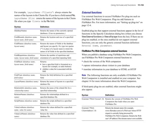 For example, LayoutNames (“Clients”) always returns the
names of the layouts in the Clients file. If you have a field namedFile,
LayoutNames (File) returns the names of the layouts in the Clients
file when you type Clients in the File field.
Syntax Definition
DatabaseNames Returns the names of the currently opened
databases. (Uses no parameters.)
FieldBounds (database name, Returns the location and size of a specified
layout name, field name) field.
FieldNames (database name, Returns the names of fields in the database
layout name) and layout you specify. Or, type two quotes
("") in place of a layout name to return the
names of all fields in the specified database.
FieldRepetitions (database Returns the number of repetitions and
name, layout name, field name) orientation of a specified repeating field.
FieldStyle (database name, Returns:
layout name, field name) 1 how a specified field is formatted on a
layout (for example, as radio buttons)
1 whether a value list is associated with the
field.
FieldType (database name, Returns the field definition for a specified
field name) field.
LayoutNames (database name) Returns the names of layouts in a specified
database file.
RelationInfo (database name, Returns the name of the related file for a
relationship name) specified relationship.
RelationNames (database Returns the relationships defined in a
name) specified database file.
ScriptNames (database name) Returns the scripts defined in a specified
database file.
ValueListItems (database Returns the values defined for a specified
name, value list name) value list.
ValueListNames (database Returns the value lists defined in a specified
name) database file.
Using formulas and functions 11-13
External functions
Use external functions to access FileMaker Pro plug-ins such as
FileMaker Pro Web Companion. Plug-ins add features to
FileMaker Pro. For more information, see “Setting up plug-ins” on
page 12-4.
Enabled plug-ins that support external functions appear in the list of
functions in the Specify Calculation dialog box (when you choose
ViewExternalfunctions or Viewallbytype from the list). If there are no
plug-ins enabled, or the ones enabled do not support external
functions, you see only the generic external function definition:
External (name, parameter).
FileMaker Pro Web Companion external functions
When you publish a database using FileMaker Pro Web Companion,
use FileMaker Pro Web Companion external functions to:
• check the version of the Web companion
• capture information about visitors to your database
• translate information in your database to HTML or HTTP
Note The following functions are only available if FileMaker Pro
Web Companion is installed and enabled on your computer. See
chapter 14 for more information about the Web Companion.
If third-party plug-ins are enabled, other external functions might
also appear.
Syntax Definition
External ("Web-Version", 0) Returns the version of FileMaker Pro Web
Companion that loads when you open
FileMaker Pro
External ("Web- Returns the domain name (for example,
ClientAddress", 0) www.filemaker.com) of a Web user whose HTTP
request is currently being processed by
FileMaker Pro Web Companion. Returns the Web
user’sIPaddressifthedomainnameisnotavailable.
 