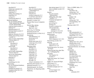I-12 FileMaker Pro User’s Guide
described 8-2
displaying in portals 6-16
duplicating 2-5
exporting 12-7
finding and omitting 3-4
importing 12-2
sorting 8-11
summarizing data 8-12
Relational databases
See also Portals; Related
fields; Related files; Related
records; Relationships
copying related records 2-5
defining 8-9
defining portals 6-19
deleting related records 2-5
described 8-2
duplicate filenames for 8-10
finding and omitting related
records 3-4
many-to-many relationships
between data 8-15
master file
described 8-2
planning 8-8
match fields
described 8-2
planning 8-5
one-to-many relationships
between data 8-4
one-to-one relationships
between data 8-4
planning 8-7
portals 8-2
sorting 3-9
terminology 8-2, 8-6
Relationships
See also Relational databases
changing 8-12
changing for portals 8-12
changing related file 8-10
defining 8-10
described 8-2
joins, for many-to-many
relationships 8-15
planning 8-9
self-joins 8-5
sorting in dialog box 8-11
to and from same file 8-5
Relookups, described 8-13
Remarks, in scripts 10-9
Remote Data Access Companion
15-2
Remote files, sharing
via ODBC 15-3
Web 14-5, 14-8
Removing. See Deleting
Renaming layouts 6-8
Rendering layouts, on Web 14-12
Reordering
field definitions 5-12
layout parts 6-29
layouts 6-8
Script menu items 10-11
script steps 10-4, 10-10
sort fields 3-8
Repeating fields
defining 5-11
described 5-11
exporting 12-8
formatting 7-7
importing 12-5
separating 12-8
sorting on 3-9
splitting 12-8
tab order 7-9
using in calculations 11-9
Repeating find requests 3-5, 3-7
Repeating functions 11-9
Repeating panels. See Portals
Repetitions. See Repeating fields
Replacing
data during import 12-2, 12-3
data in multiple records 2-10
text 2-14
Reports
See also Layouts;
Subsummaries
adding date, time, page
numbers 7-11
Columnar list/report 6-5
creating 6-2
previewing 4-3
printing 4-4
records in columns 6-8
with grouped data
creating 6-3, 6-5
printing 4-3, 4-4, 6-28
Requests. See Find requests
Requirements
exporting 12-7
importing 12-7
Web Companion 14-3, 14-4
Reserializing records 2-10
Resizing
layout parts 6-30
objects 6-14, 7-19
Restricting access. See Access
privileges
Retrieving data from other files.
See Exchanging files
Reverting
find requests 3-6
records 2-7
Right-click menus. See Context
menus 1-5
Rights. See Access privileges
RMI format 2-12
Rotating objects 7-18
Rounded rectangle tool 7-14
Rows
in Excel import 12-4
in portals 6-20
Rows, in ODBC tables 15-1
Ruler lines
described 7-20
setting units 7-20
showing/hiding 7-20
Rulers
graphic 7-20
lines 7-20
setting units 7-20
showing/hiding 7-20
text 7-12
Running scripts 10-2
S
Saving
data automatically A-3
setting preference for A-3
shared files 13-2, 13-4
Scientific notation in number
fields 6-23
Script menu
adding items 10-5, 10-10
deleting items 10-10
reordering items 10-11
Script specifications. See Scripts,
settings
Script steps
adding 10-4
deleting 10-4
described 10-6
for related fields 10-6
italicized 10-10
OLE objects 10-8
options 10-4, 10-6
reordering 10-4, 10-10
ScriptMaker
examples 10-13
steps 10-6
Scripts
adding
comments 10-9
 