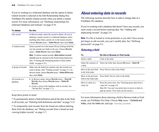 2-6 FileMaker Pro User’s Guide
If you’re working in a relational database and the option to delete
related records is selected in the Edit Relationship dialog box,
FileMaker Pro deletes related records when you delete a master
record. For more information, see “Defining relationships for
relational databases and lookups” on page 8-10.
To delete Do this
One record In Browse mode, select the record to delete. (If you’re
deleting a master record in a relational database, select
anything other than a portal row in the master record.)
Choose Records menu > Delete Record, then click Delete.
A related record Select a portal row in the master file by clicking inside the
row but outside any fields in the row. Choose Records
menu > Delete Record, then click Delete.
Note To delete related records, Allow deletion of portal
records must be selected in the Portal Setup dialog box.
(See “Creating and formatting portals to hold related
fields” on page 6-19.)
A group of records Make sure the found set contains only the records you
want to delete. (See “Finding records” on page 3-1.) In
Browse mode, choose Records menu > DeleteAllRecords,
then click Delete.
All records in a 1 In Browse mode, choose Records menu > Show All
database Records, then choose Records menu > Delete All
Records.
1 Create a clone of the database with no records. See
“Saving files” on page 1-7.)
Keep these points in mind:
• To permanently delete a field definition and all the data in the field
in all records, see “Deleting field definitions and data” on page 5-12.
• To temporarily omit records from the found set without deleting
them from the database, see “Hiding records from a found set and
viewing hidden records” on page 3-7.
About entering data in records
The following sections describe how to add or change data in a
FileMaker Pro database.
If you’re working with a database that doesn’t have any records, you
must create a record before entering data. See “Adding and
duplicating records” on page 2-4.
Note If a file is locked or write-protected, or you don’t have access
privileges to edit records, you can’t modify data. See “Defining
passwords” on page 9-1.
Selecting a ﬁeld
To Do this in Browse or Find mode
Select a field Click in the field.
Select the contents of Select the field, then choose Edit menu > Select All.
a field
Move to the next field Press Tab (or click in the field).
in the field order
Move to the previous Press Shift+Tab (or click in the field).
field in the field order
Move to items in a Press the arrow keys. See “Entering preset data from a
value list value list” on page 2-8.
Mac OS: You can’t use arrow keys to move to items in
pop-up menus. (You must use the mouse.)
For more information about selecting a field in Browse mode or Find
mode, see FileMaker Pro Help. Choose Help menu > Contents and
Index, click the Index tab, and type fields,current.
 