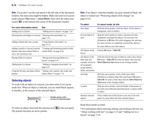 6-12 FileMaker Pro User’s Guide
Note If you don’t see the tool panel at the left side of the document
window, the status area might be hidden. Make sure you’re in Layout
mode (choose View menu > Layout Mode), then click the status area
control at the bottom-left corner of the document window.
For more information about See
Adding text to a layout “Adding text to a layout” on page 7-10
Drawing lines and shapes on a layout “Drawing lines and shapes” on
page 7-14
Adding a button that runs a script “Using buttons with scripts” on
page 12-12
Adding a portal to a layout (a portal “Creating and formatting portals to hold
displays data from related fields in related fields” on page 6-20
rows, one record per row)
Placing fields on a layout “Placing and removing fields on a
layout” on page 6-16
Adding parts to a layout “Adding or changing layout parts” on
page 6-27
Using the fill, pen, and object effects “Setting color, pattern, line width, and
palettes object effects” on page 7-14
Selecting objects
To work with an object on a layout, you must select it in Layout
mode first. When an object is selected, you see small black squares,
or handles, at the corners of the selected object.
Handles appear at the
corners of a selected object
To select an object, first click the selection tool in the tool panel.
The pointer becomes an arrow pointer.
Note If an object’s selection handles are gray instead of black, the
object is locked (see “Protecting objects from change” on
page 6-15).
To select In Layout mode, do this
One object With the arrow pointer, click the object. (If the object is
transparent, click its border.)
Several objects at Drag the arrow pointer to make a selection box that
once completely surrounds the objects. (If you press Ctrl
(Windows) or 2 (Mac OS) while dragging, the selection
box does not have to completely surround the objects.)
Or, press Shift as you click objects.
All objects on the Choose Edit menu > Select All.
layout
All objects of the Click the tool for the type of object to select, then choose
same type (for Edit menu > Select All. Or select an object, then click the
example, all text or Select Objects by Type button in the Arrange toolbar.
all rectangles)
except buttons,
fields, and portals
All fields With the arrow pointer, click a field, press Shift
(Windows) or Option (Mac OS), and choose Edit menu >
SelectAll. Or select a field, then click the SelectObjectsby
Type button in the Arrange toolbar.
A portal With the arrow pointer, click the border of the portal, or
any other area within the portal that doesn’t contain a field
or object.
Deselect selected Click a blank area of the layout or any tool in the tool
objects panel. Or, press Shift and click selected objects.
Keep these points in mind:
• For information about selecting, editing, and working with text, see
“About working with text” on page 2-13 and “Adding text to a
layout” on page 7-10.
 