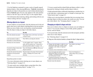 6-14 FileMaker Pro User’s Guide
• Use the Duplicate command to create a series of equally spaced
identical objects. After choosing Edit menu > Duplicate, immediately
drag the new object to the position you want (without deselecting it).
Choose Duplicate again: the new copy appears in the same position
relative to the first copy as the first copy is to the original object.
• For information about selecting, editing, and working with text, see
“About working with text” on page 2-13.
Moving objects on a layout
To move objects, in Layout mode, click the selection tool in the tool
panel, select one or more objects, and drag them to the new position.
When you move fields or text, text baselines extend horizontally
from the object to help you align it with other objects.
To Do this
Move the selection one pixel Press Right Arrow, Left Arrow, Up Arrow,
or Down Arrow.
Limit movement to either a Press Shift as you drag the selection.
horizontal or vertical direction
Precisely move the selection Use the graphic rulers, T-squares, object
grids, and Size palette (see “Using tools to
precisely position objects” on page 7-19).
Override the Object Grids when Press Alt (Windows) or 2 (Mac OS) as you
moving a selection drag the selection.
Position the selection beyond the Drag the object to the edge of the document
boundaries of the document window. FileMaker Pro scrolls in that
window direction.
Keep these points in mind:
• For more information about selecting one or more objects, see
“Selecting objects” on page 6-12.
• To more easily move multiple objects, group them first. (See
“Grouping and ungrouping objects” on page 7-17.)
• To move a portal and the related fields and objects within it, select
the portal by clicking its border and the objects within it.
• Fields and portals behave differently depending on whether they’re
in the body part, a subsummary part, or a header or footer part. See
“About layout types” on page 6-3.
• When you’re moving objects, remember that you can group, layer,
and align objects to help you achieve the results you want. You can
also rotate objects. See “Arranging objects” on page 7-17.
Changing an object’s shape and size
Once you’ve drawn a line or a shape on a layout, you can reshape or
resize it. You can also reshape or resize fields, portals, graphics,
movies, and text blocks.
1. In Layout mode, click the selection tool in the tool panel, and then
select one or more objects.
See “Selecting objects” on page 6-12.
2. Drag one of theselection handles to change the object’s shape and size.
To Do this
1 Change only the height or width of a two- Press Shift as you drag a
dimensional object (for example, fields, handle.
rectangles, ovals, fields, or imported
graphics)
1 Constrain a line to horizontal or vertical
1 Force the height and width of a two- Press Ctrl (Windows) or
dimensional object to be equal (for Option (Mac OS) as you drag a
example, a rectangle becomes a square, or
handle.
an oval becomes a circle)
1 Constrain the direction you drag to 45-
degree increments when you resize a line
Precisely resize the selection Use the graphic rulers,
T-squares, object grids, and
Size palette (see “Using tools
to precisely position objects”
on page 7-19).
 
