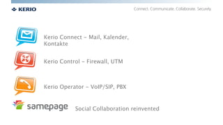 Kerio Connect - Mail, Kalender,
Kontakte
Kerio Control - Firewall, UTM

Kerio Operator - VoIP/SIP, PBX

Social Collaboration reinvented

 