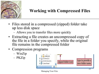 Working with Compressed Files Files stored in a compressed (zipped) folder take up less disk space Allows you to transfer files more quickly Extracting a file creates an uncompressed copy of the file in a folder you specify, while the original file remains in the compressed folder Compression programs WinZip PKZip 