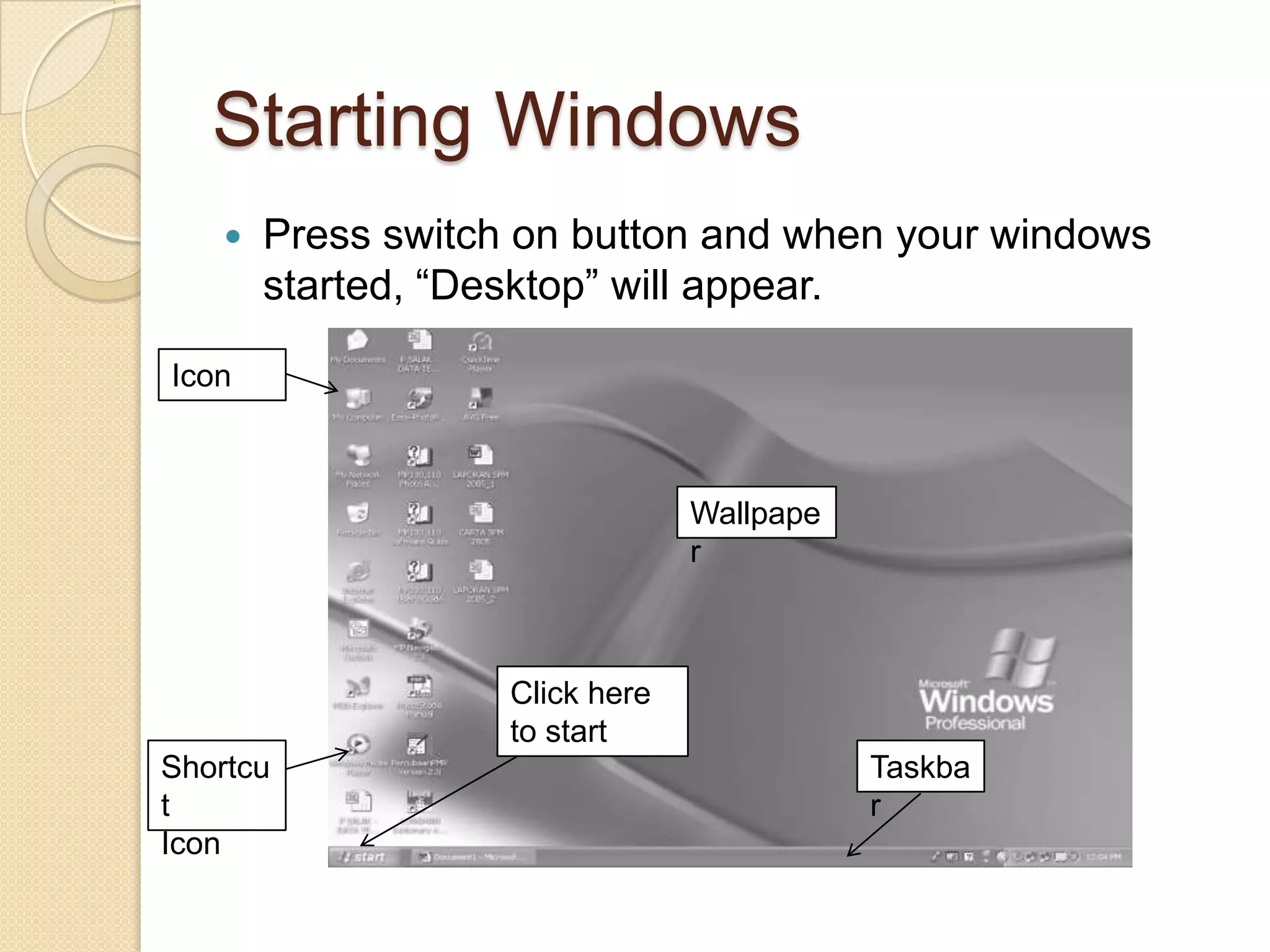 Starting Windows
       Press switch on button and when your windows
        started, “Desktop” will appear.

Icon



                                 Wallpape
                                 r



                    Click here
                    to start
Shortcu                                     Taskba
t                                           r
Icon
 