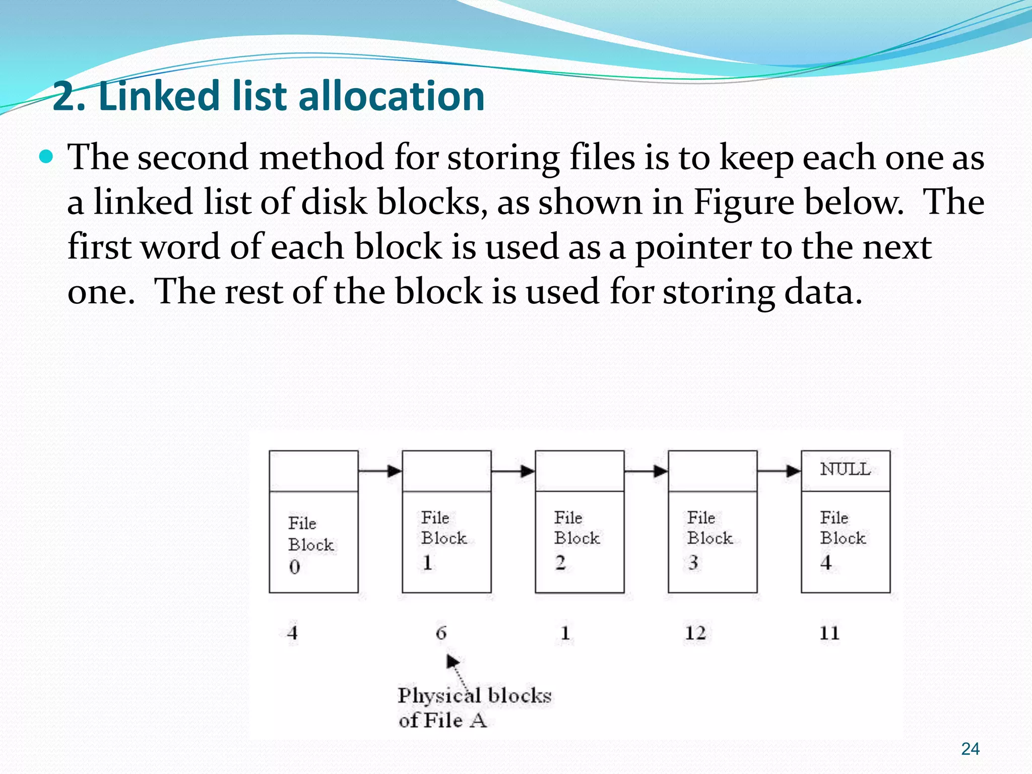 2. Linked list allocation
 The second method for storing files is to keep each one as
a linked list of disk blocks, as shown in Figure below. The
first word of each block is used as a pointer to the next
one. The rest of the block is used for storing data.
24
 