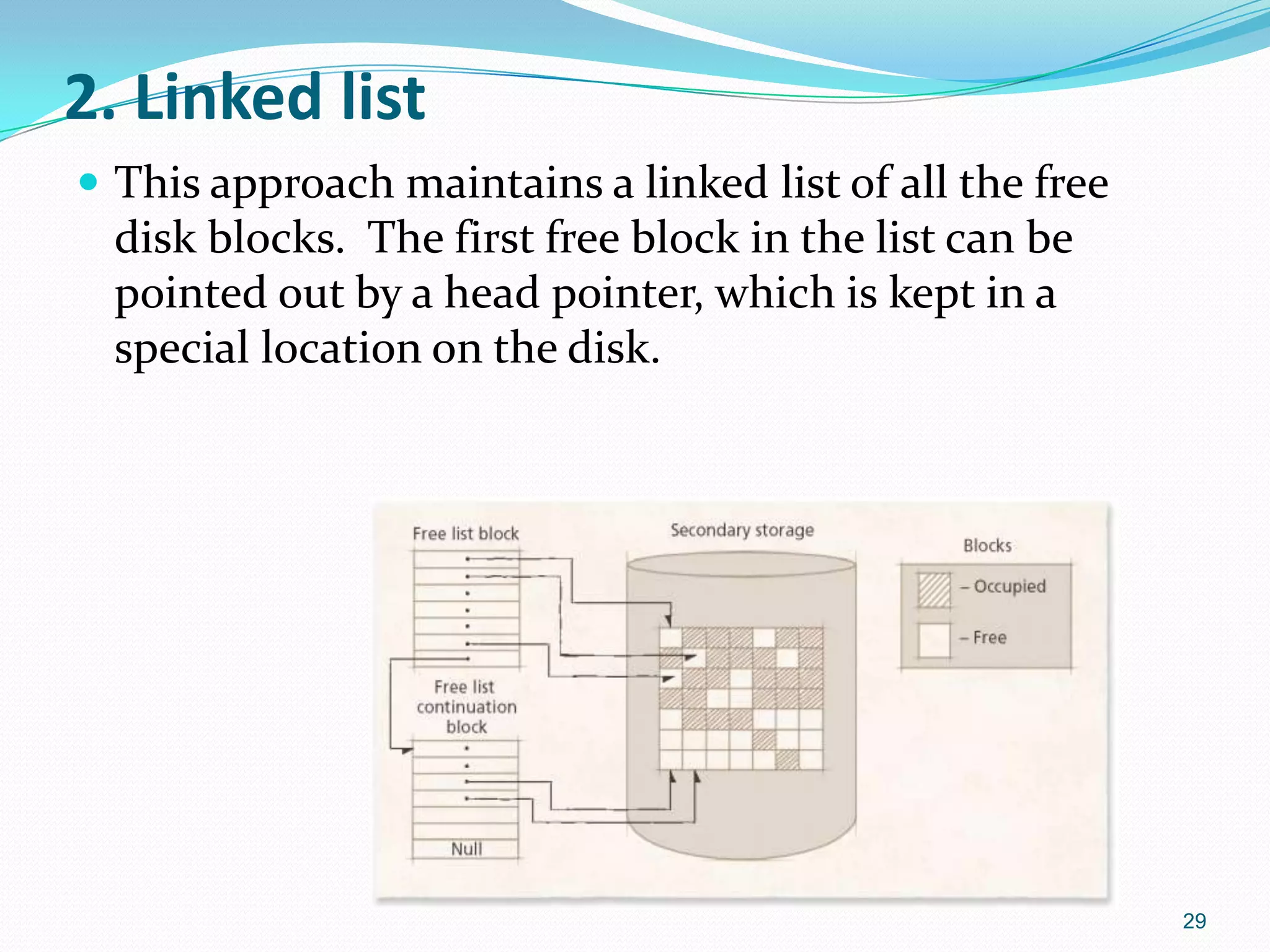 2. Linked list
 This approach maintains a linked list of all the free
disk blocks. The first free block in the list can be
pointed out by a head pointer, which is kept in a
special location on the disk.
29
 