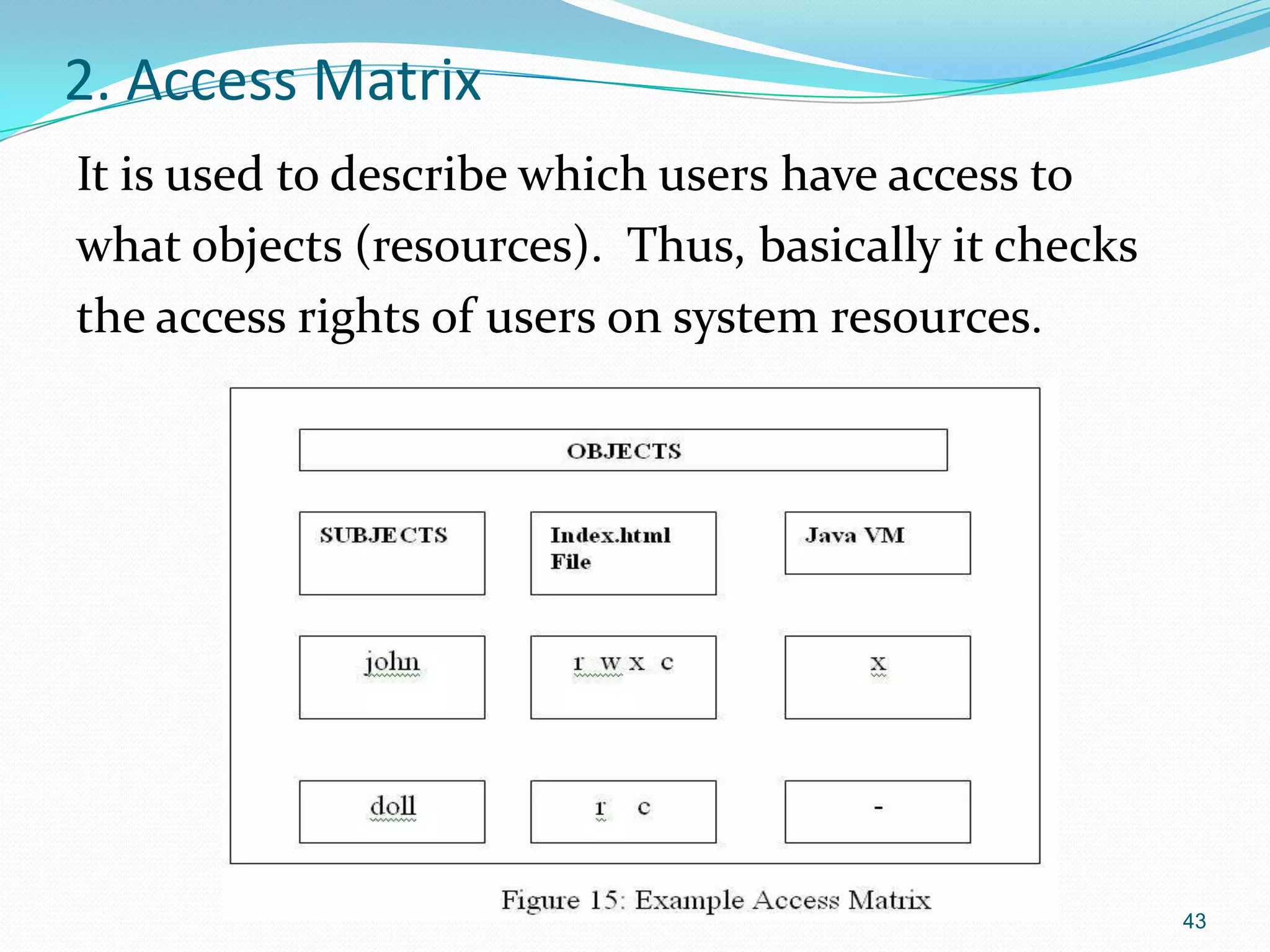 2. Access Matrix
It is used to describe which users have access to
what objects (resources). Thus, basically it checks
the access rights of users on system resources.
43
 