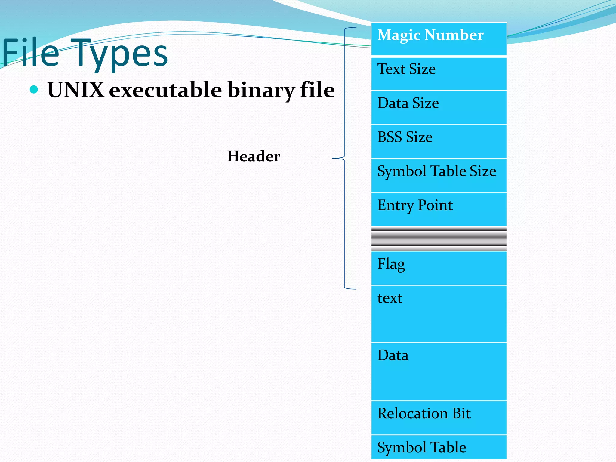 File Types
 UNIX executable binary file
Magic Number
Text Size
Data Size
BSS Size
Symbol Table Size
Entry Point
Flag
text
Data
Relocation Bit
Symbol Table
Header
 